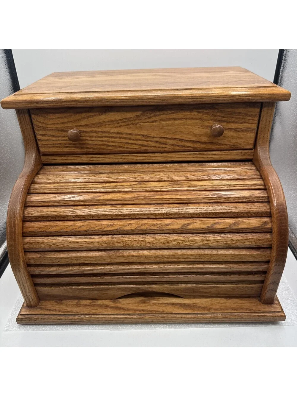 Wooden Bread Box Roll-Top Wood Oak Vintage Farmhouse Primitive Rustic Drawer XXL